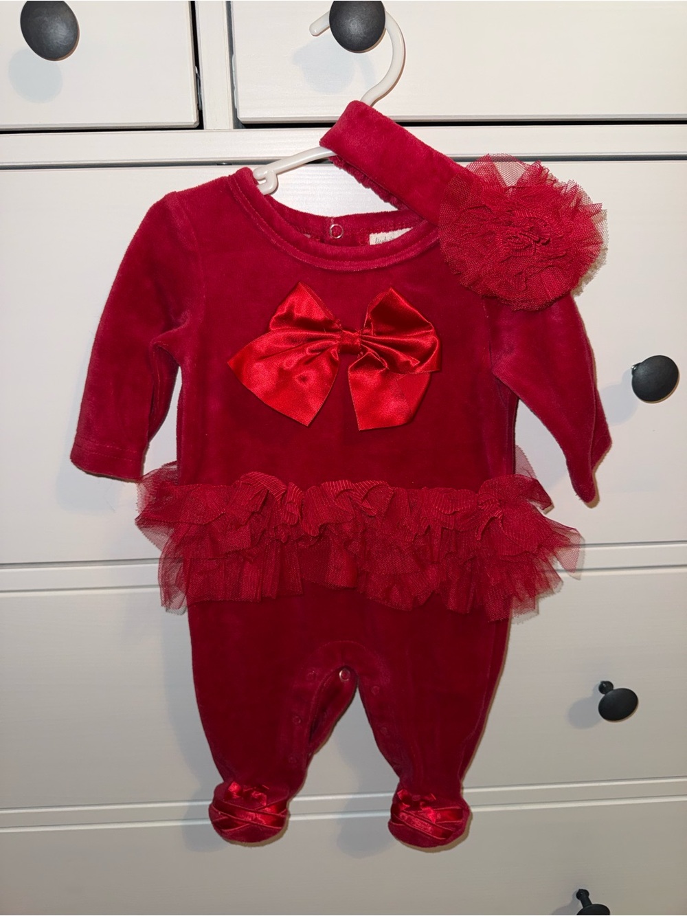 Velvet Red Baby One-Piece with Tulle Ruffle & Bow